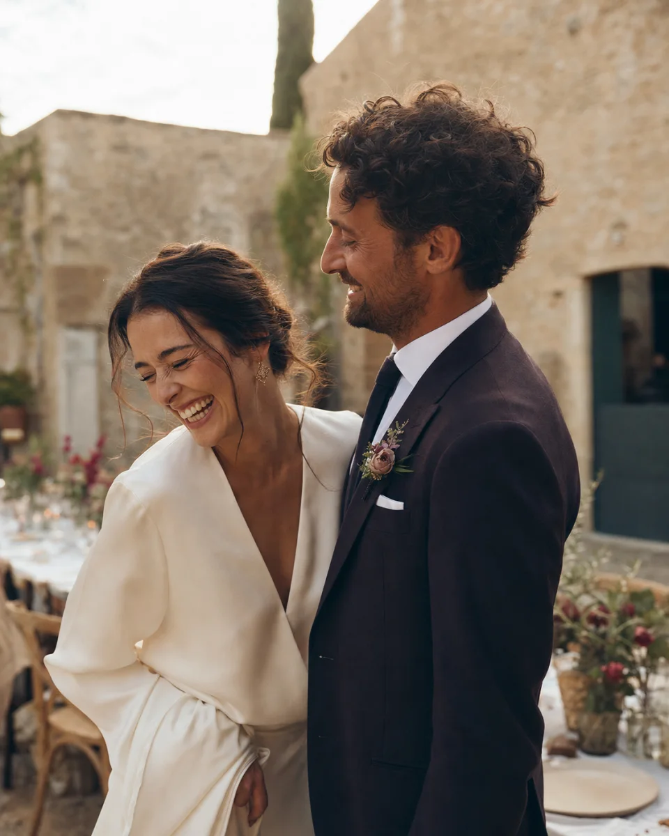 A newlywed couple laughing together at their wedding