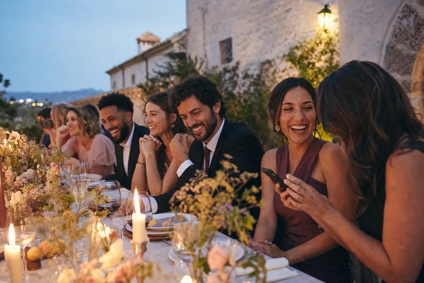 Wedding guests laughing together around a dinner table